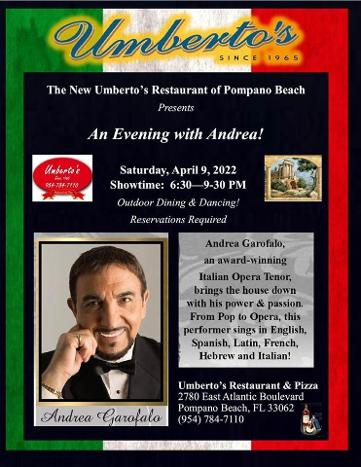 Opera Tenor Andrea Garofalo live at Umberto's April 9th, 2022